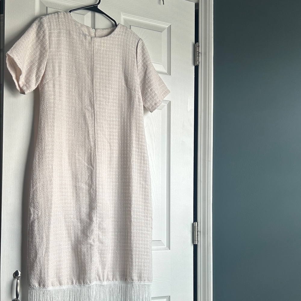 Elegant Cream Short Sleeve Dress with Fringe Hem - Picture 8 of 16